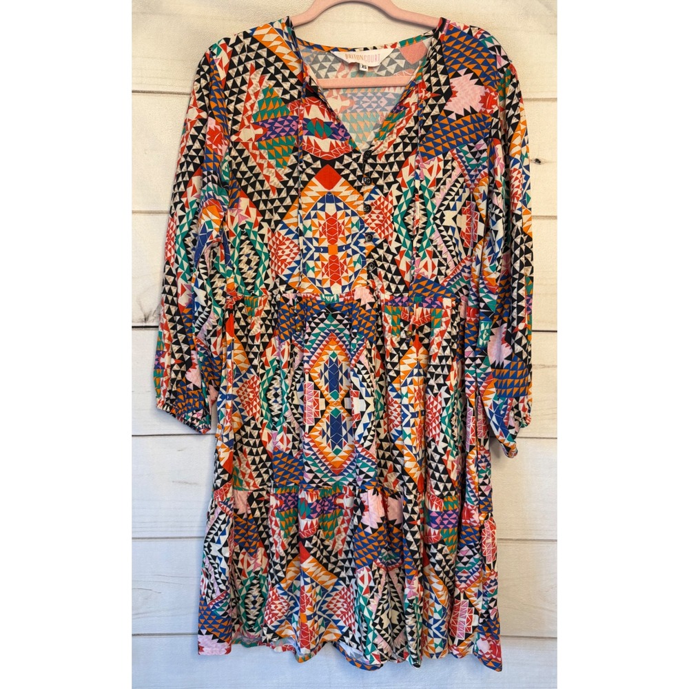 Briton Court Womens Geometric Mosaic Tiered Mini Dress XS Multi Color Rayon